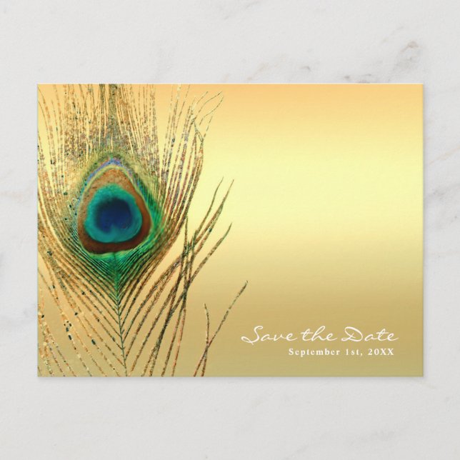 Peacock Feather Gold Exotic Boho Save the Date Ankündigungspostkarte (Vorderseite)