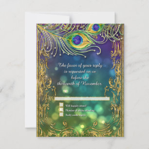 Peacock Feather Gold Glitzer Jeweled Wedding RSVP Karte