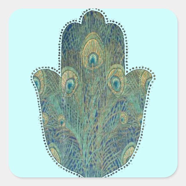 Peacock Feather Hamsa Quadratischer Aufkleber (Vorderseite)