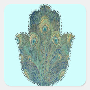 Peacock Feather Hamsa Quadratischer Aufkleber