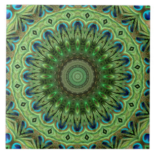 Peacock Feather Mandala Emerald und Blue Symmetry Fliese