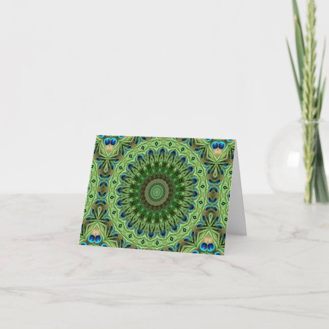 Peacock Feather Mandala Emerald und Blue Symmetry Karte (Vorderseite)