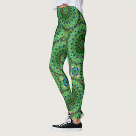 Peacock Feather Mandala Emerald und Blue Symmetry Leggings