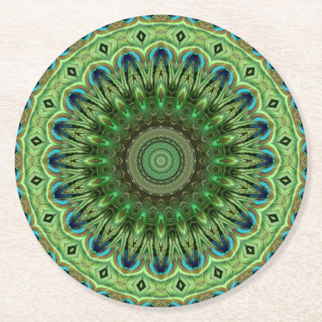 Peacock Feather Mandala Emerald und Blue Symmetry Runder Pappuntersetzer (Vorderseite)