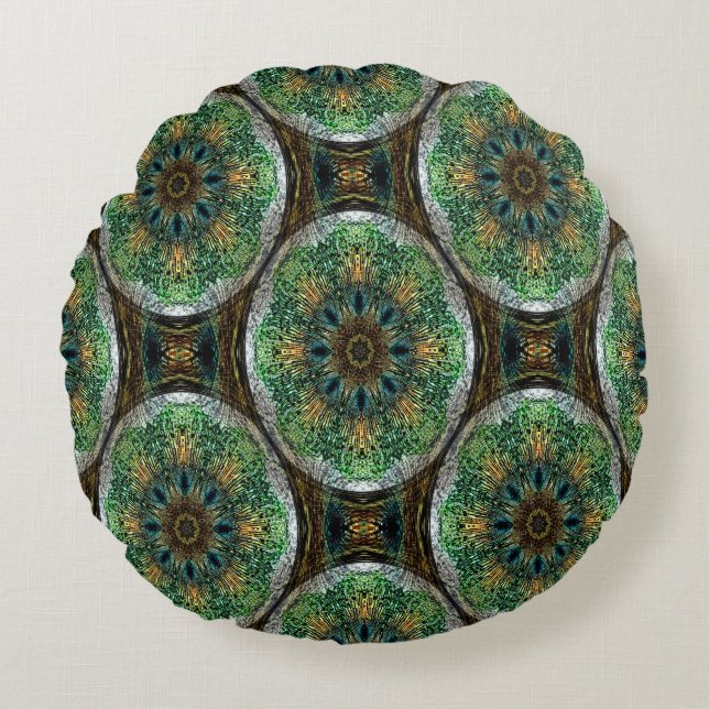 Peacock Feather Mandala's... Rundes Kissen (Vorderseite)