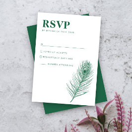 Peacock Feather Minimal Green Wedding RSVP Card