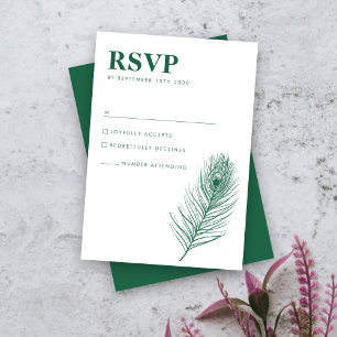 Peacock Feather Minimal Green Wedding RSVP Card