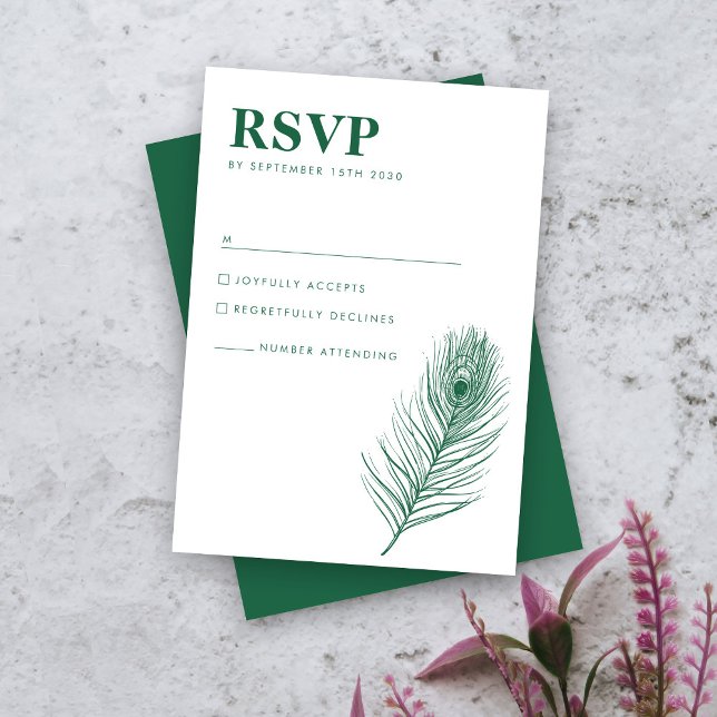 Peacock Feather Minimal Green Wedding RSVP Card Karte (Von Creator hochgeladen)