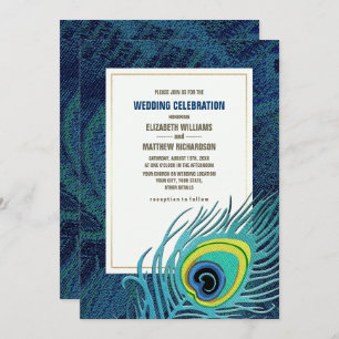 Peacock Feather Navy Blue Gold Wedding Einladung