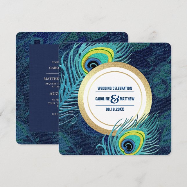 Peacock Feather Navy Blue Gold Wedding Einladung (Vorne/Hinten)