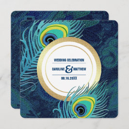 Peacock Feather Navy Blue Gold Wedding Einladung