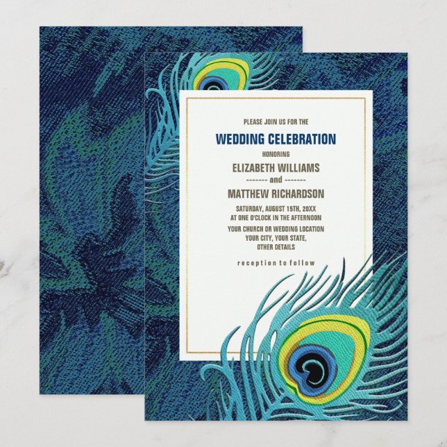 Peacock Feather Navy Blue Gold Wedding Einladung (Vorne/Hinten)