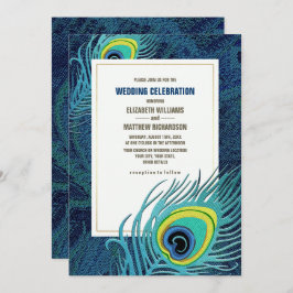 Peacock Feather Navy Blue Gold Wedding Einladung