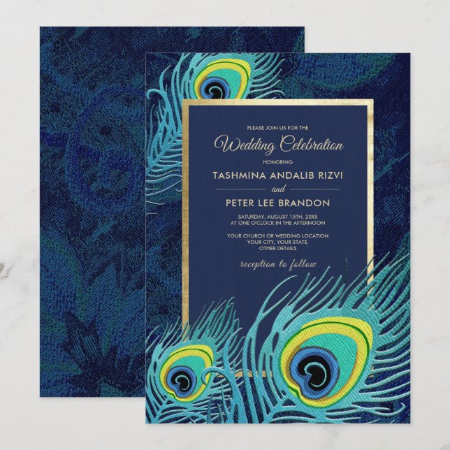 Peacock Feather Navy Blue Gold Wedding Einladung (Vorne/Hinten)