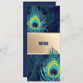 Peacock Feather Navy Blue Gold Wedding Menu Card Menükarte