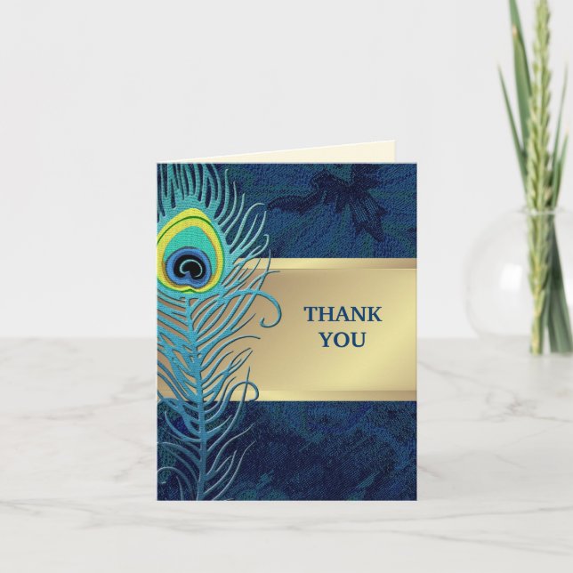 Peacock Feather Navy Blue Wedding Dankeschön Karte (Vorderseite)