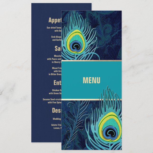 Peacock Feather Navy Blue Wedding Menu Cards Menükarte (Vorne/Hinten)