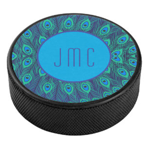 PEACOCK FEATHER PATTERN AQUA BLAUE GREEN MONOGRAM EISHOCKEY PUCK
