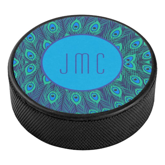 PEACOCK FEATHER PATTERN AQUA BLAUE GREEN MONOGRAM EISHOCKEY PUCK (3/4)