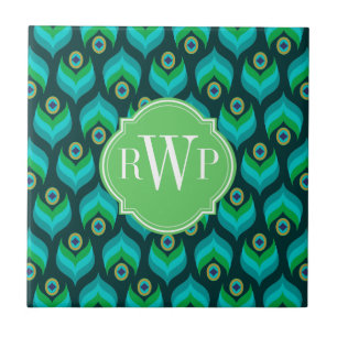 Peacock Feather Pattern Monogram Personalisiert Fliese