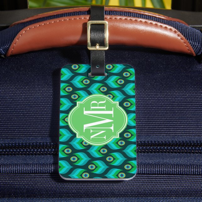 Peacock Feather Pattern Monogram Personalisiert Gepäckanhänger (Vorderseite Insitu 2)