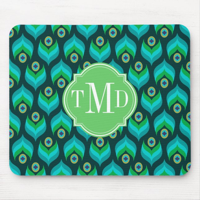 Peacock Feather Pattern Monogram Personalisiert Mousepad (Vorne)