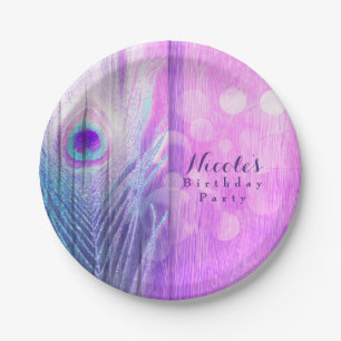Peacock Feather Pink & Blue Boho Chic Custom Party Pappteller