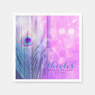 Peacock Feather Pink & Blue Boho Chic Custom Party Serviette