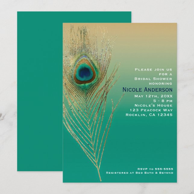 Peacock Feather Sand und Aquamarin Boho Glam Einla Einladung (Vorne/Hinten)