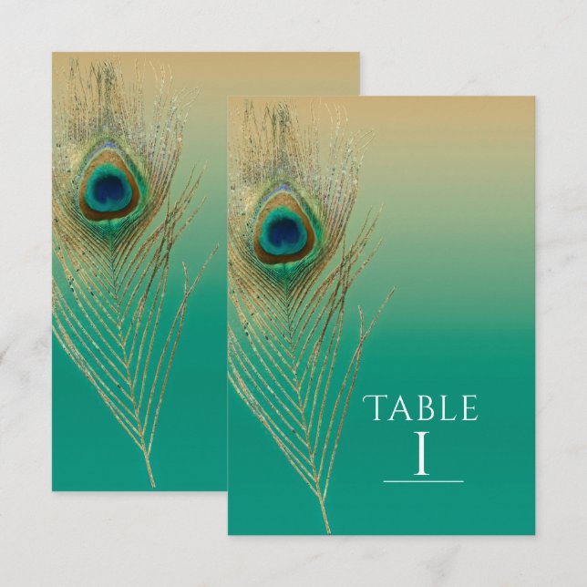 Peacock Feather Sand und Aquamarine Boho Tischnumm Einladung (Vorne/Hinten)
