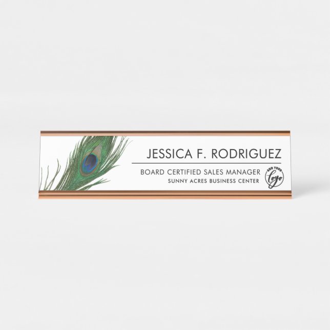 Peacock Feather Themed Elegant Schreibtischnamensplakette (Vorderseite )