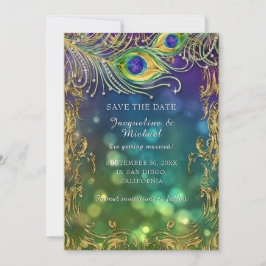 Peacock Feather Vintages Gold Scroll Bokeh Save The Date