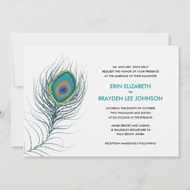 Peacock Feather Wedding Einladung (Vorderseite)