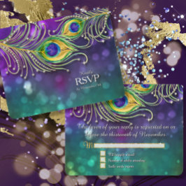 Peacock Feather Wedding Gold Glitzer Jeweled UAWG RSVP Karte