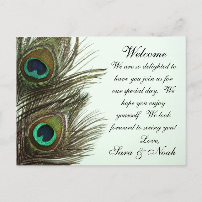 Peacock Feather Wedding Welcome Bag Anmerkung Postkarte (Vorderseite)