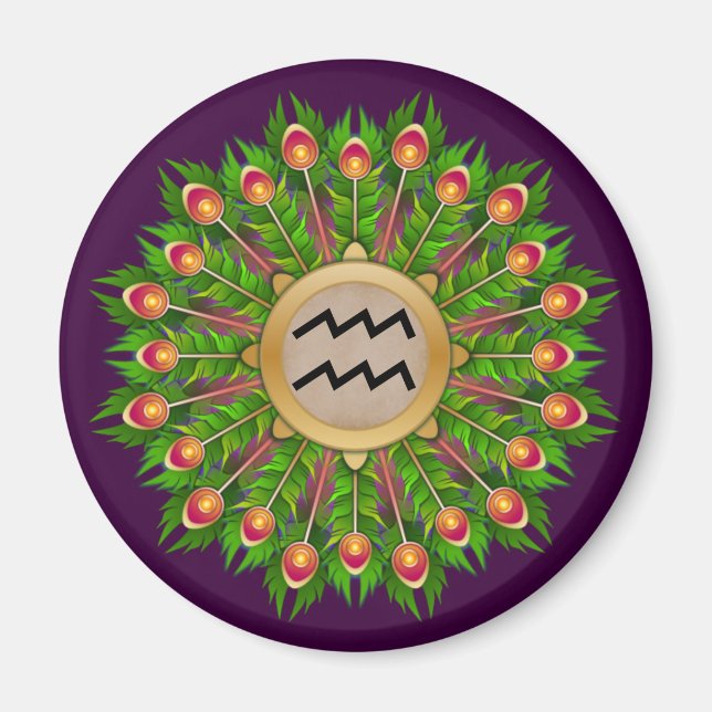 Peacock Feather Wreath Zodiac Sign Aquarius Magnet (Vorne)