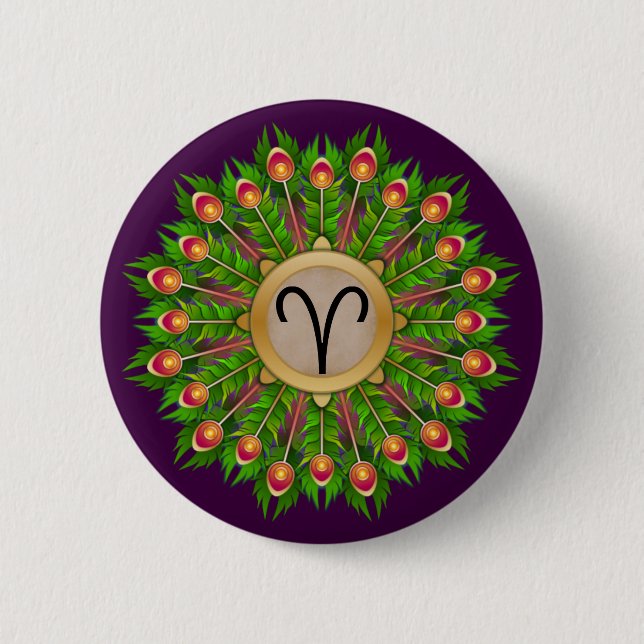 Peacock Feather Wreath Zodiac Sign Aries Button (Vorderseite)