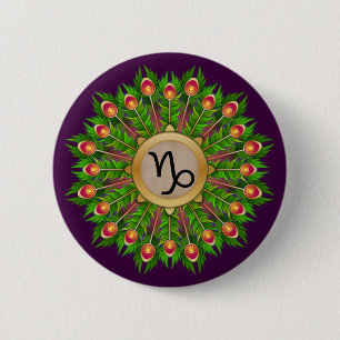 Peacock Feather Wreath Zodiac Sign Capricorn Button