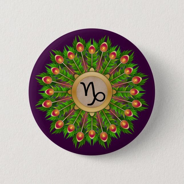 Peacock Feather Wreath Zodiac Sign Capricorn Button (Vorderseite)