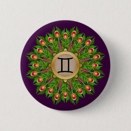 Peacock Feather Wreath Zodiac Sign Gemini Button