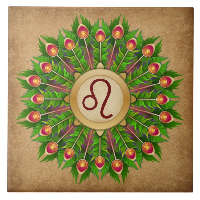 Peacock Feather Wreath Zodiac Sign Leo Fliese (Vorderseite)