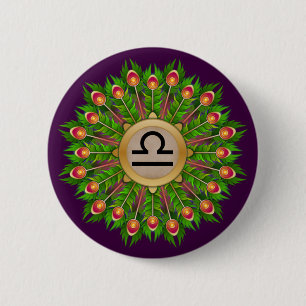 Peacock Feather Wreath Zodiac Sign Libra Button