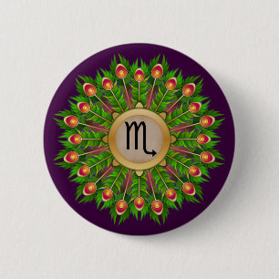 Peacock Feather Wreath Zodiac Sign Scorpio Button