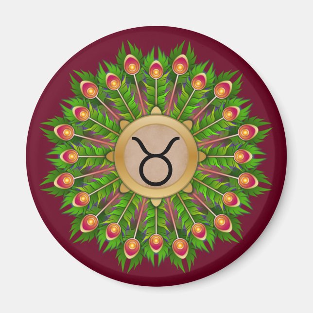 Peacock Feather Wreath Zodiac Sign Taurus Magnet (Vorne)