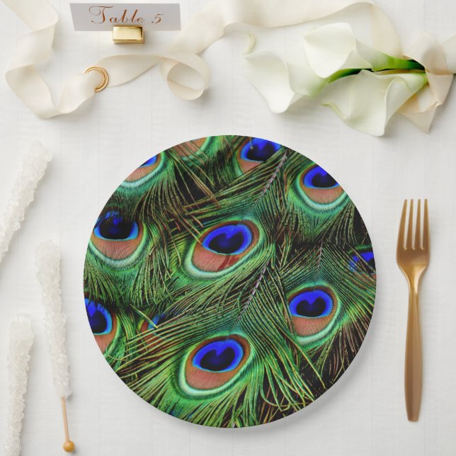 Peacock Feathers Animal Print Aquamarin Green Pappteller (Hochzeit)