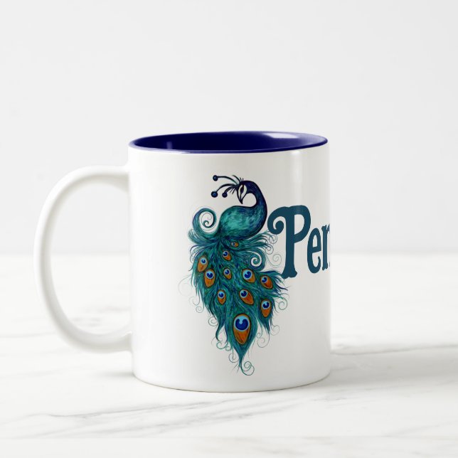 Peacock Feathers Aquamarin Peacocks Zweifarbige Tasse (Links)
