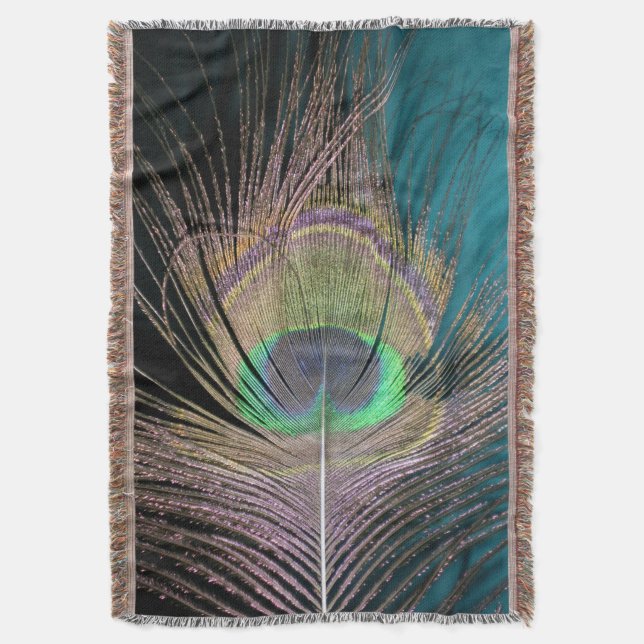 Peacock Feathers auf schwarz und türkis Decke (Vorderseite Vertikal)