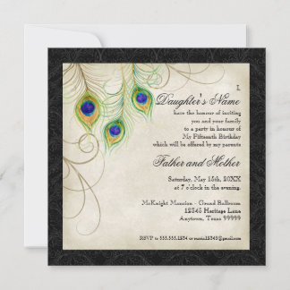 Peacock Feathers Black Damask Quinceanera Party Einladung