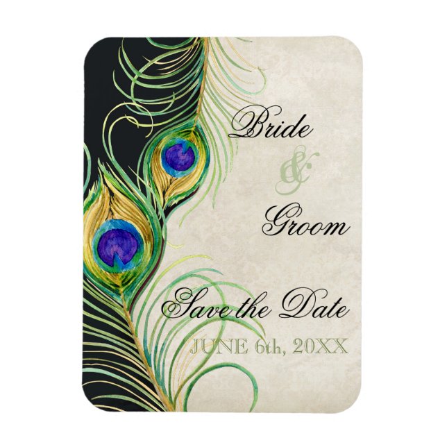Peacock Feathers Black Damask Save the Date Magnet (Vertikal)