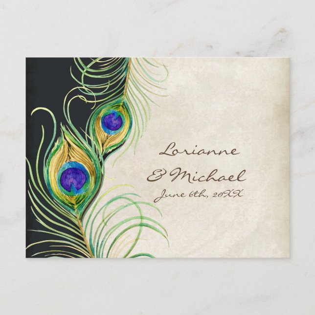 Peacock Feathers Black Damask UAWG Response Card Einladungspostkarte (Vorderseite)